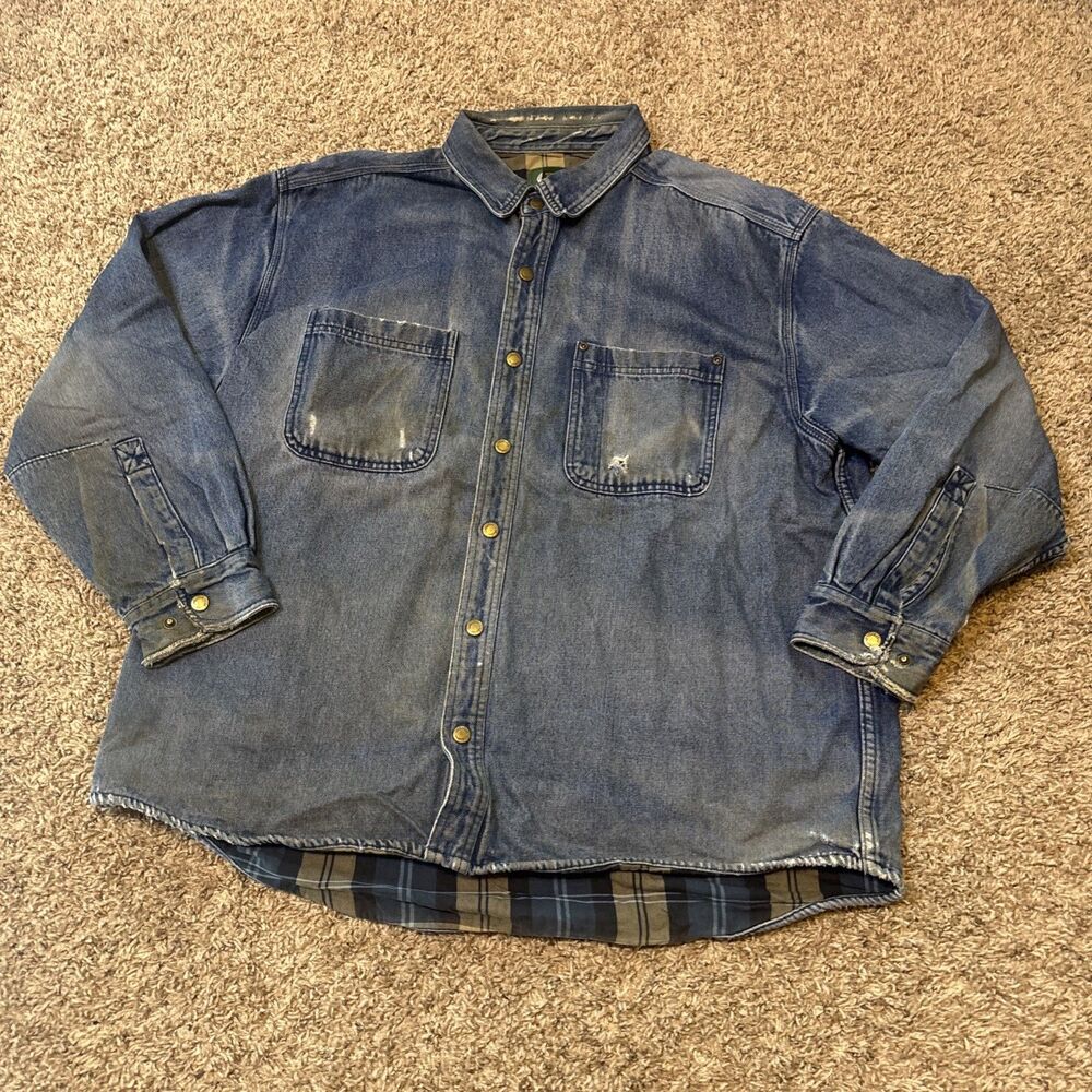 Cabelas Flannel Lined Denim Jacket Mens XL Blue Long Sleeve Button Up Outdoor